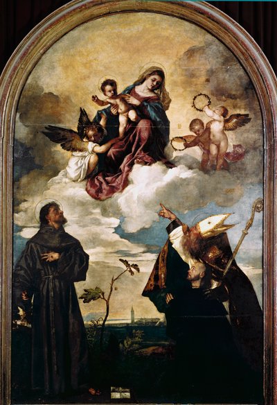 Madonna in glorie met kind, heiligen Franciscus en Alvise en de schenker Luigi Gozzi door Titian (c.1488 1576)
