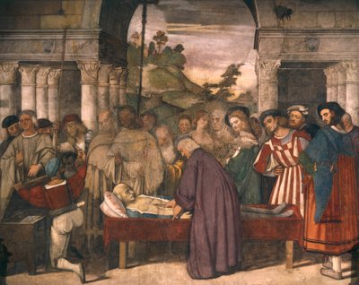 Wonder van het hart van de vrek, detail van Scènes uit het leven van Sint Antonius van Padua, fresco, School van Sint of Scoletta, Padua door Titian (c.1488 1576)