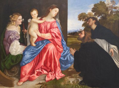 Heilige conversatie met de heiligen Catharina en Dominicus en de schenker door Titian (c.1488 1576)