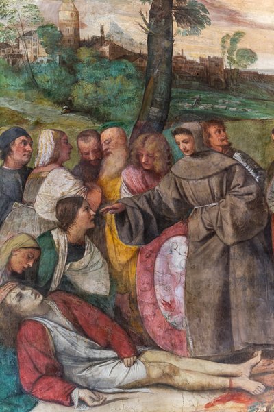 Sint Antonius hecht de voet van een jonge man weer aan, School van de Heilige (detail) door Titian (c.1488 1576)