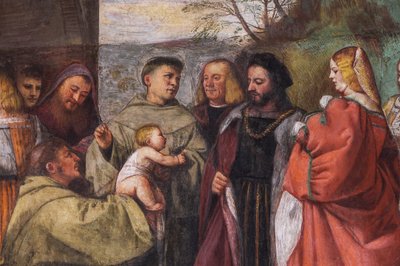 De baby die de onschuld van de moeder verkondigt, de noordelijke muur, School van de Heilige, (detail) door Titian (c.1488 1576)