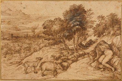 Een bosrijk landschap met een naakte vrouw, haar hoofd bedekt door een mantel door Titian (c.1488 1576)