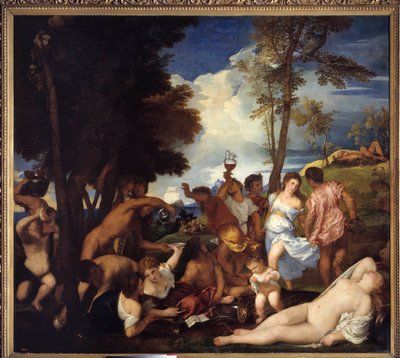 Aankomst van Bacchus op het eiland Andros (Baccanale degli Andrii). Beeld van feest van saters en bacchanten ter ere van de god Bacchus (Bacchanaal). Schilderij door Tiziano Vecellio genaamd de Titiaan (1485-1576), v door Tiziano Vecelli