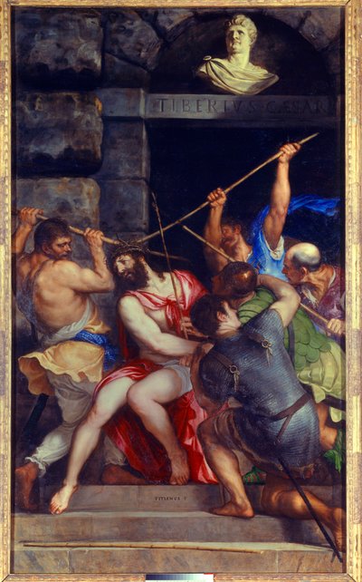 Christus met doornenkroon Schilderij door Tiziano Vecellio genaamd Titian (1485-1576) 16e eeuw door Tiziano Vecelli