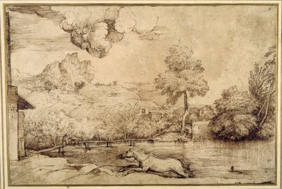Landschap: een ruiterloos paard achtervolgd door een slang door Titian (c.1488 1576)