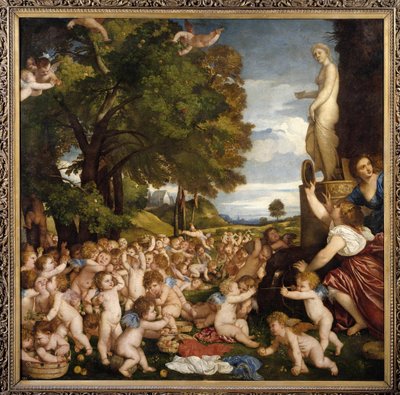Offrande aan Venus Kleine liefdes (engeltjes) verzamelen zich om eer te bewijzen aan de godin Aphrodite door Tiziano Vecelli