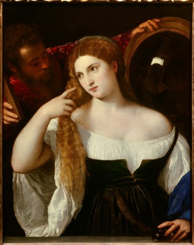 Portret van een vrouw met haar toilet. Een spiegel erachter weerspiegelt de scène. Een dienaar houdt een andere spiegel voor haar, ze kijkt rustig naar zichzelf. De jonge vrouw zou Laura Dianti zijn, minnares van Alfonso I d
