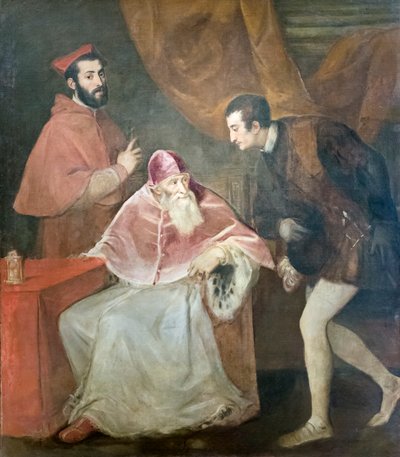 Portret van paus Paulus III met neven door Titian (c.1488 1576)