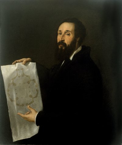 Portret van de architect Giulio Romano met een projectplan in de hand door Tiziano Vecelli