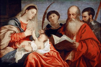 De Maagd en Kind met Heiligen Stefanus, Hiëronymus en Mauritius door Titian (c.1488 1576)