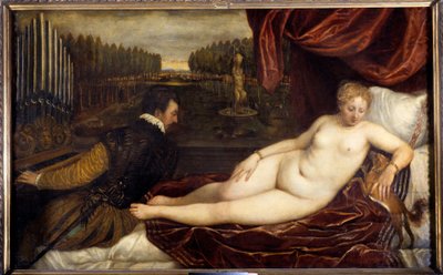 Het concert. Een naakte vrouw ligt naast een man die het orgel bespeelt. Schilderij door Tiziano Vecellio, genaamd de Titiaan (1485-1576) door Tiziano Vecelli