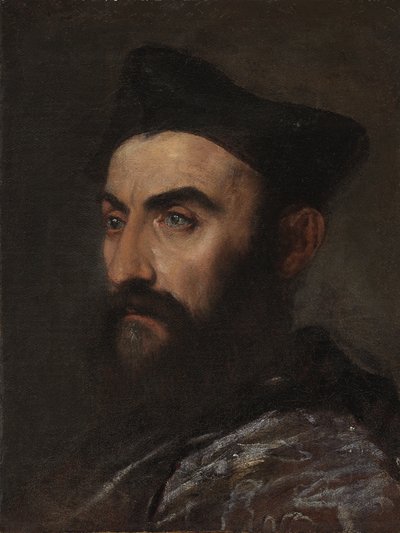 Portret van een geestelijke, buste lengte, in een blauwe jas en zwarte hoed - een fragment door Tiziano Vecelli