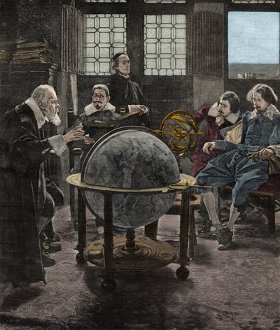 John Milton bezoekt Galileo Galilei in zijn gevangenis van de Inquisitie in Arcetri, nabij Florence, in 1640. 19e-eeuwse gravure naar een schilderij van T. Lessi door Tito Lessi