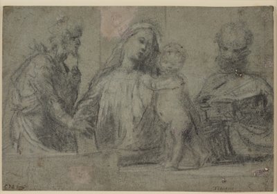 Halflengte Figuren van een Madonna en Kind Geflankeerd door St. Johannes de Doper en Petrus door Tizian