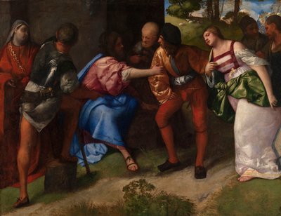Christus en de overspelige vrouw door Tiziano Vecelli