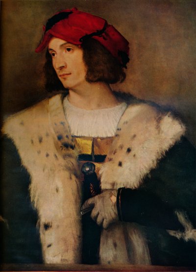 Man met een rode pet door Tiziano Vecelli