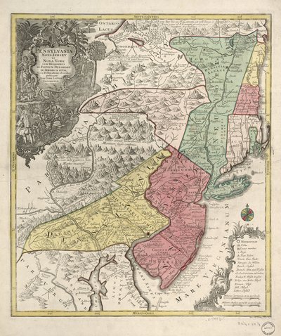 Kaart van New England en noordelijke Chesapeake regio (vertekend) door Tobias Conrad Lotter