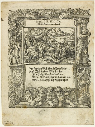 Mozes en de brandende braamstruik (recto) en De baby Mozes in de rivier gelegd (verso) uit Neue künstliche Figuren biblischer Historien, plaat 55 uit Houtsneden uit boeken van de XVI eeuw door Tobias Stimmer