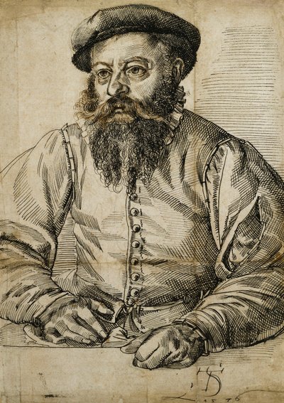 Portret van een Bebaarde Man, Halflang, Zittend aan een Tafel door Tobias Stimmer