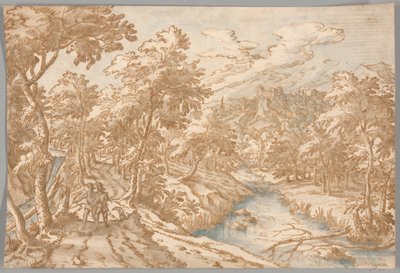 Landschap met twee mannen die wandelen door Tobias Verhaecht