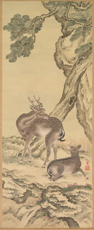 Symbolen van lang leven: Herten onder perzik en den (perzik) (links) door Toda Tadanaka