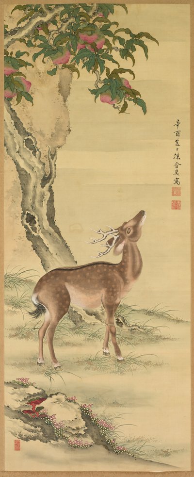 Symbolen van lang leven: Herten onder perzik en den (den) (rechts) door Toda Tadanaka