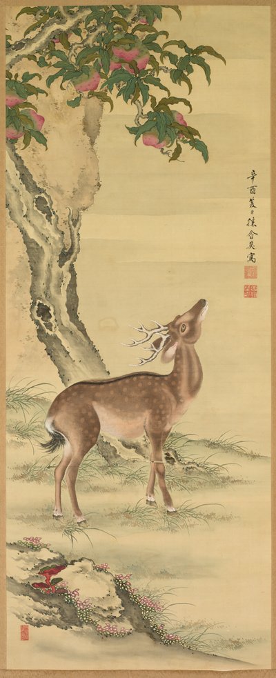 Symbolen van lang leven: Herten onder perzik en den, 1801 door Toda Tadanaka