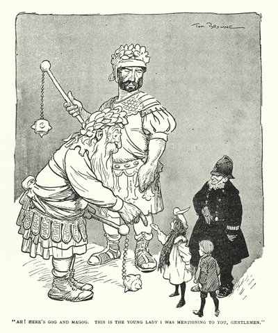 "Ah! Hier zijn Gog en Magog, Dit is de jonge dame die ik u noemde, heren" (litho) door Tom Browne