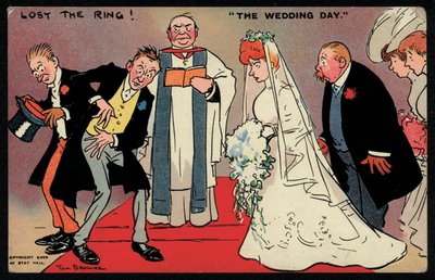 Bruidegom en getuige kunnen de ring niet vinden op een bruiloft (chromolitho) door Tom Browne