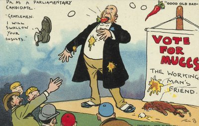 Menigte die een parlementaire kandidaat uitjouwt door Tom Browne