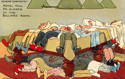 Hotel vol, pa slaapt in de biljartkamer (chromolitho) door Tom Browne