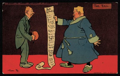 Man leest een lange rekening van zijn loodgieter (chromolitho) door Tom Browne