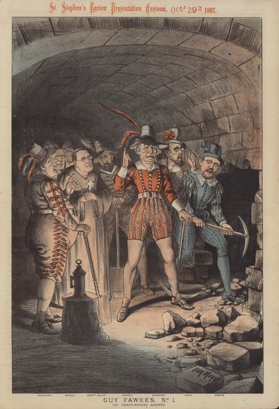Guy Fawkes, No 1: de samenzweerders gewapend (gekleurde litho) door Tom Merry