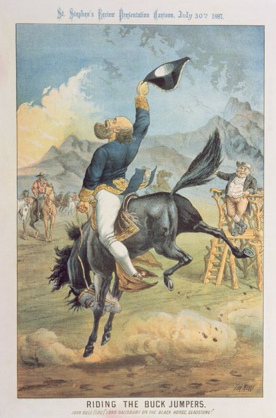 Rijden op de Buck Jumpers, Lord Salisbury op het zwarte paard, Gladstone, uit 