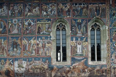 Beelden van heiligen, fresco op buitenmuren van het klooster van Moldovita door Toma de la Suceava