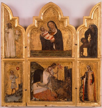 Houten, gouden polyptiek met Maagd en Kind, de opstanding van Christus en Heiligen door Tomaso da (late 15th century) Modena