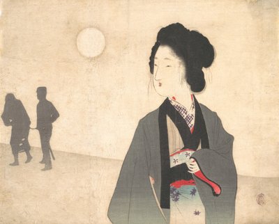 Jonge Vrouw kijkt naar Silhouet van een Mannelijke Gevangene die wordt Weggevoerd door Tomioka Eisen