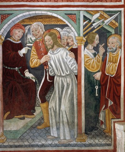 Jezus voor de Hogepriester, Petrus en dienstmeid door Tommaso (active 1479 1509) (workshop) Cagnola