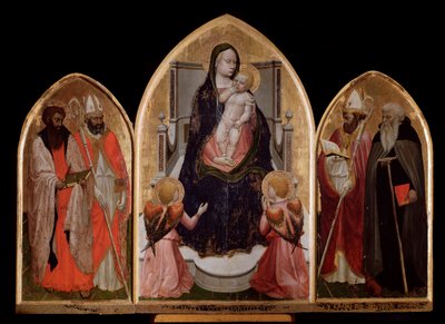 San Giovenale drieluik: Maagd en Kind, linkerpaneel met Sint Bartholomeus en Sint Blasius, rechterpaneel met Sint Juvenal door Tommaso Masaccio