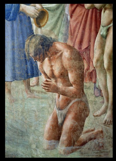 St. Peter doopt de neofyten, detail van de neofiet door Tommaso Masaccio