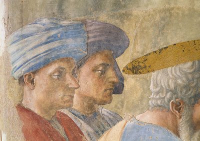 St. Peter doopt de neofyten, detail van twee geturnde waarnemers door Tommaso Masaccio