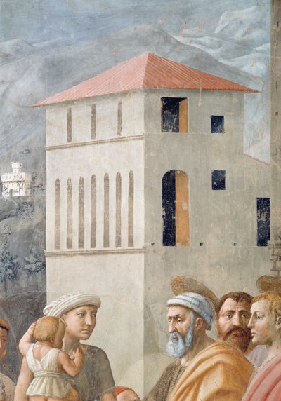 St. Peter verdeelt de gemeenschappelijke goederen van de kerk, en de dood van Ananias, detail van de achtergrondarchitectuur door Tommaso Masaccio