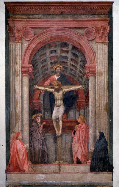 De Drie-eenheid met God, Jezus Christus, Sint Jan en de Maagd met twee schenkers door Tommaso Masaccio