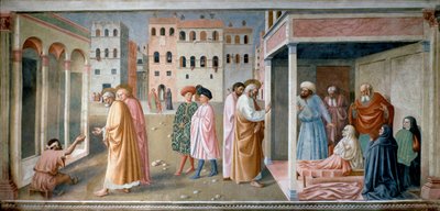 Sint-Pieter krijgers de estropy en opstanding van Tabitha Fresco door Tommaso di Cristoforo Fini genaamd Masolino da Panicale (1383-1440) door Tommaso Masolino da Panicale