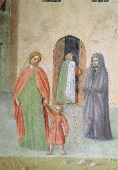 St. Peter geneest een kreupele en de opwekking van Tabitha, detail van verre figuren: non en moeder en kind door Tommaso Masolino da Panicale