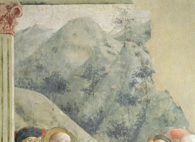 St. Petrus predikend in Jeruzalem: Heuvelachtig landschap, ca.1427 door Tommaso Masolino da Panicale