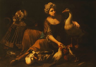 Een meisje dat hanen voert, met een kat op een mand, een gans, eend en andere vogels door Tommaso Salini