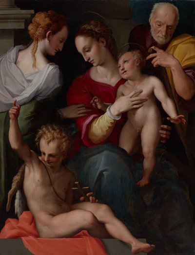 Heilige Familie met het Mystieke Huwelijk van Sint-Catharina door Tommaso d’Antonio Manzuoli, called Maso da San Friano