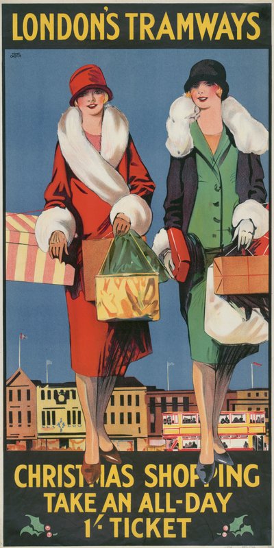 Kerstinkopen, neem een dagkaart, London County Council LCC Tramways poster, 1926 door Tony Castle
