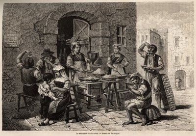 De macaronihandelaar, tekening door Bergue, ter illustratie van Napels en de Napolitanen, in 1861, door Marc Monnier (1829-1885). Gravure in 